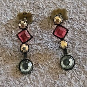 Earrings Dark Brass Tone Pink Yellow Blue 3/4" Pierced Fashion Costume Jewelry